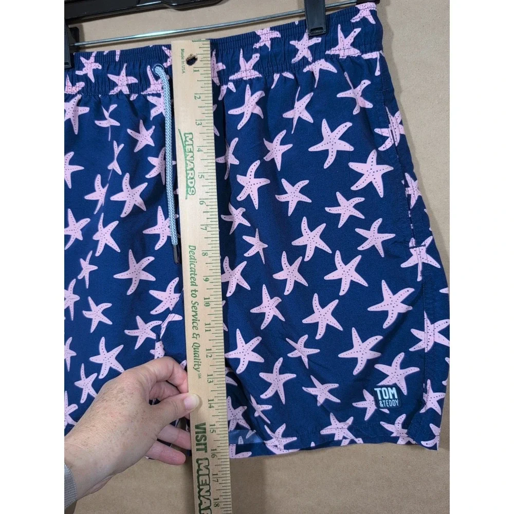 Tom & Teddy‎ Men's Medium Swim Trunks Purple With Pink Starfish Lined, Pockets